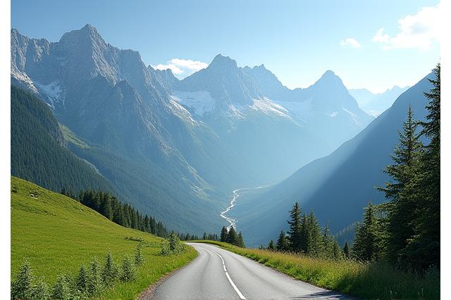 Scenic view of Swiss mountains with a small road winding through them, suggesting travel and exploration.