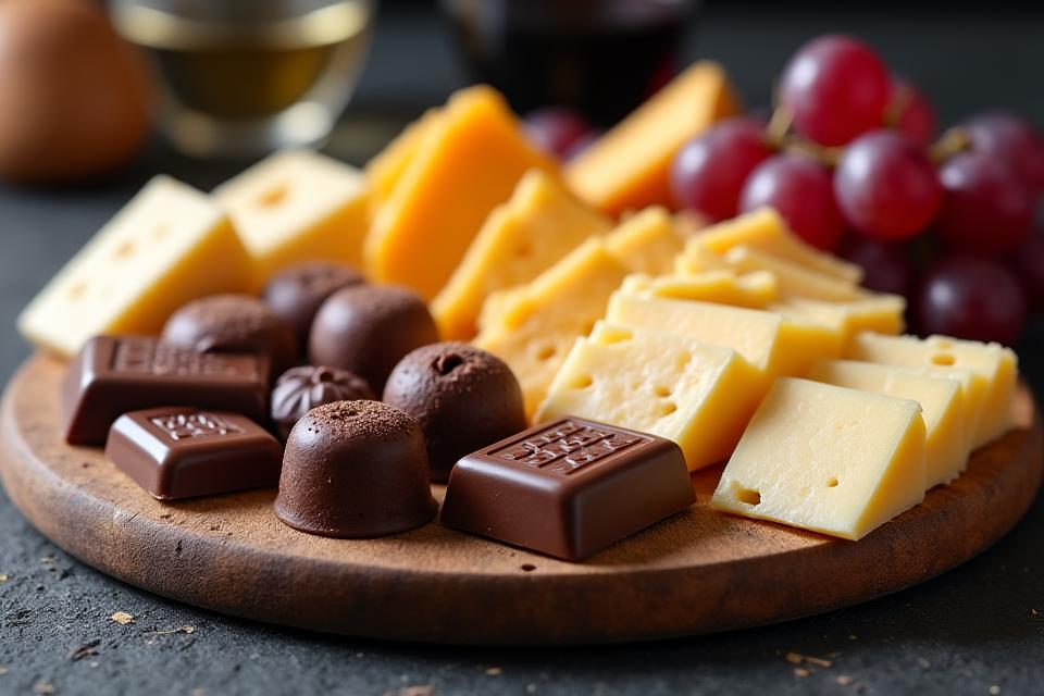 An artful display of gourmet Swiss chocolate and Swiss cheese on a wooden board, with a rustic background