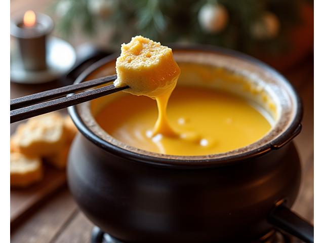 Traditional Swiss fondue pot with bread cubes on a rustic wooden table