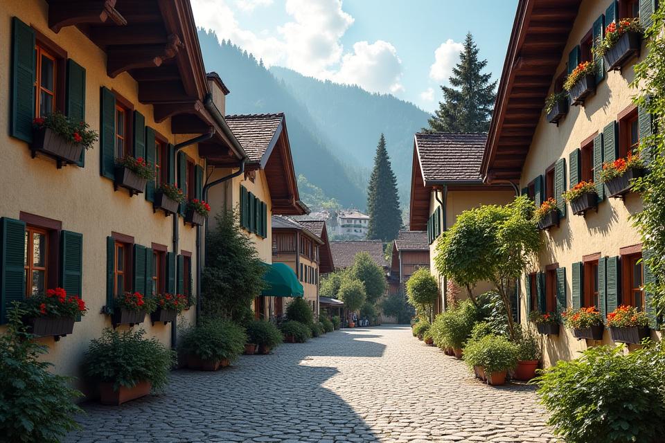 A quaint Swiss village with traditional chalets and cobblestone streets, showcasing historical architecture