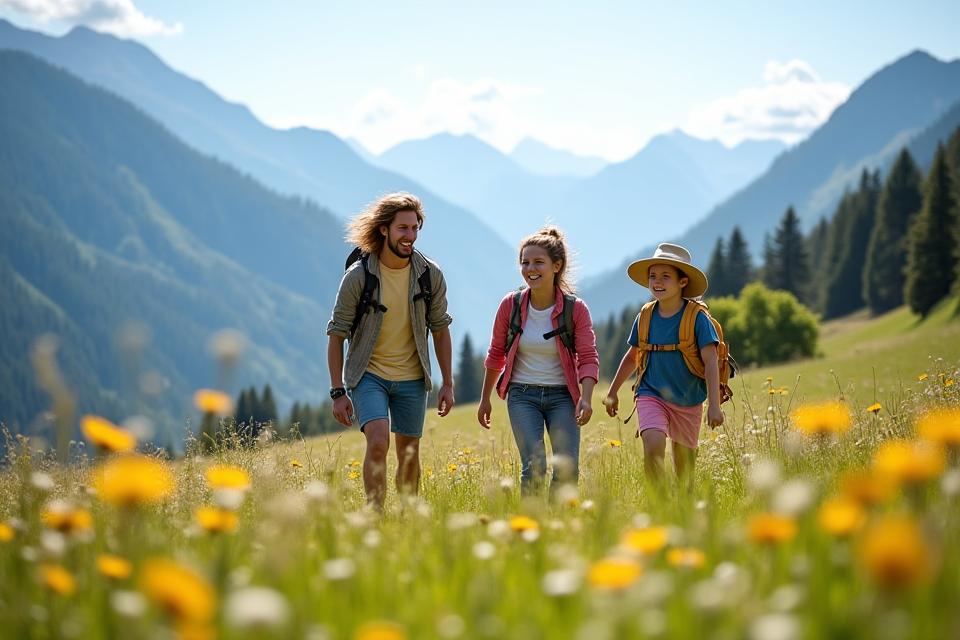 A happy family laughing and hiking in a green Swiss meadow with mountains in the background, implying family fun