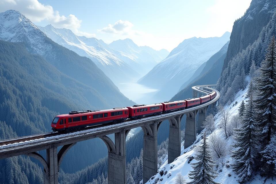 The iconic Glacier Express train winding through a snow-capped Swiss mountain landscape, showcasing a scenic rail journey