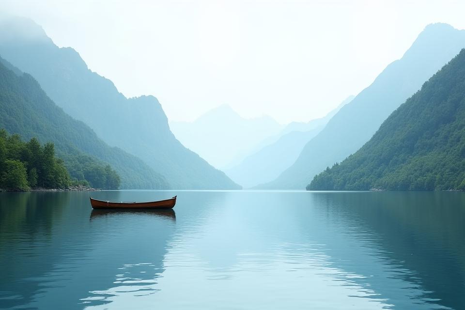 A serene lake with a small boat, surrounded by lush green mountains and a clear sky, depicting a relaxing retreat