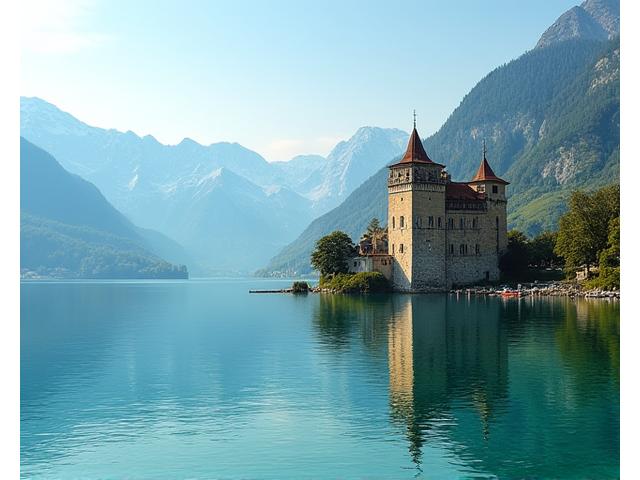 Chateau de Chillon on Lake Geneva with mountains in the background