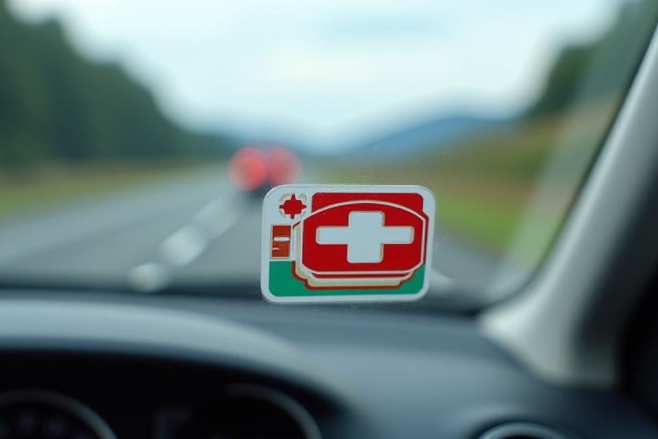 Close-up of a Swiss motorway vignette sticker on a car windshield, representing toll requirements.